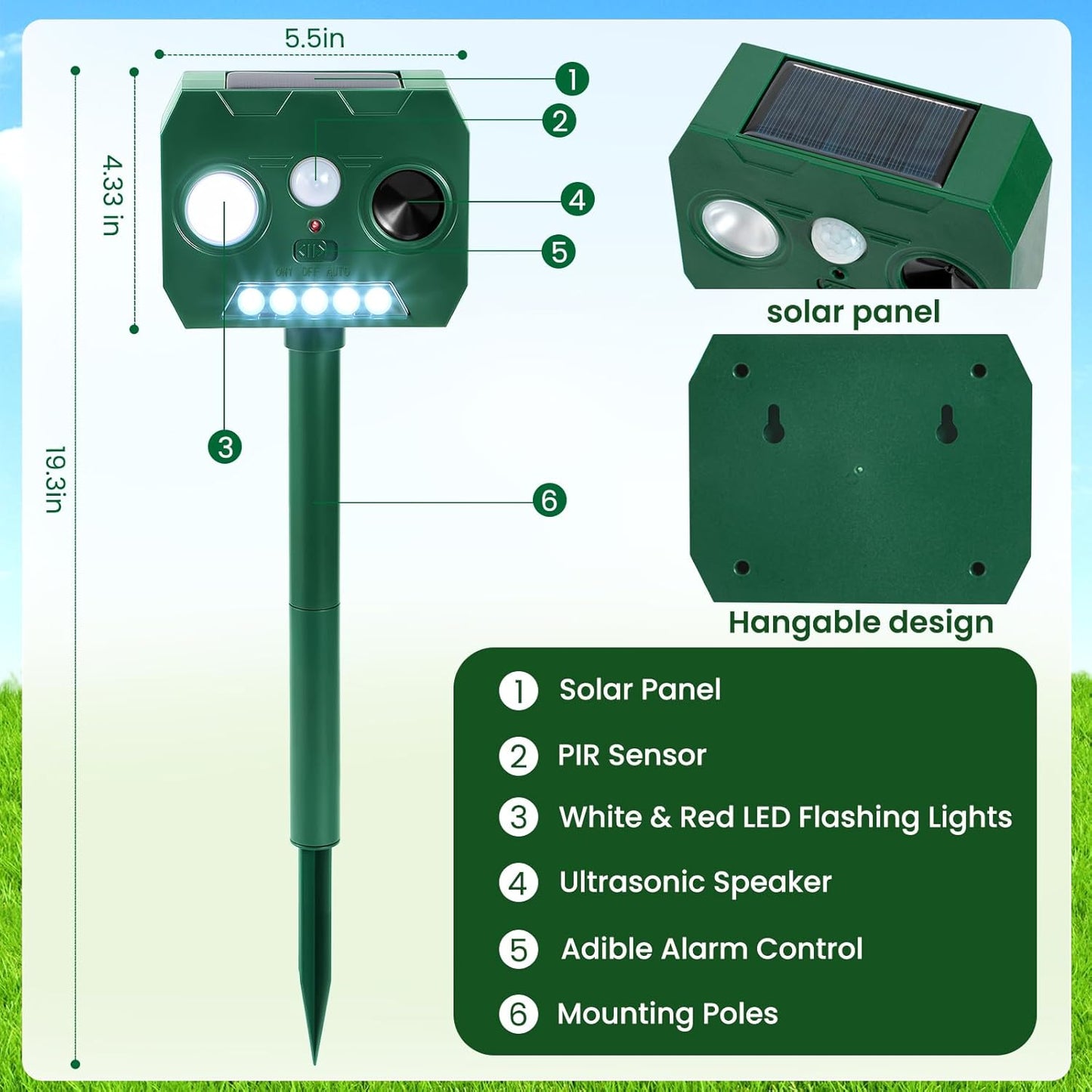 Ahuyentador de Plagas Ultrasónico Solar con Sensor PIR (1 Unidad)