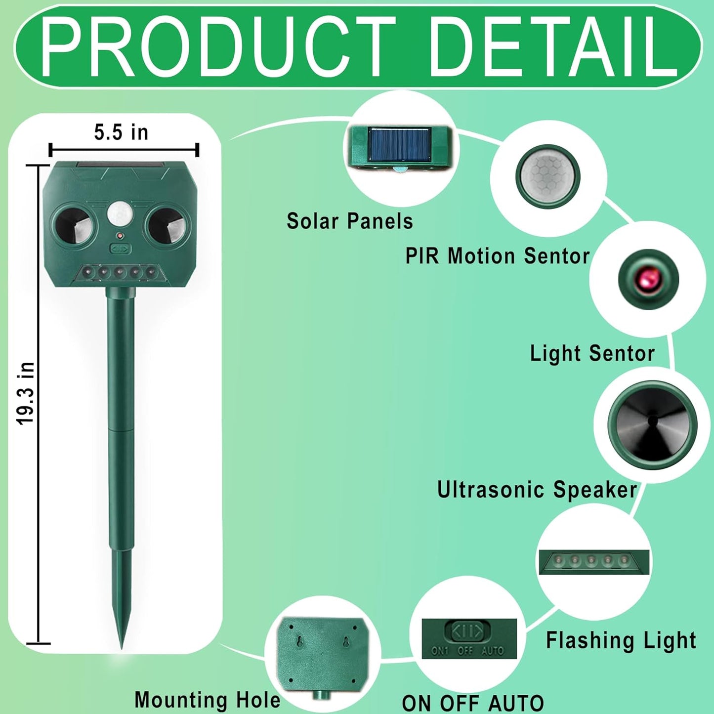 Ahuyentador de Plagas Ultrasónico Solar con Sensor PIR (1 Unidad)