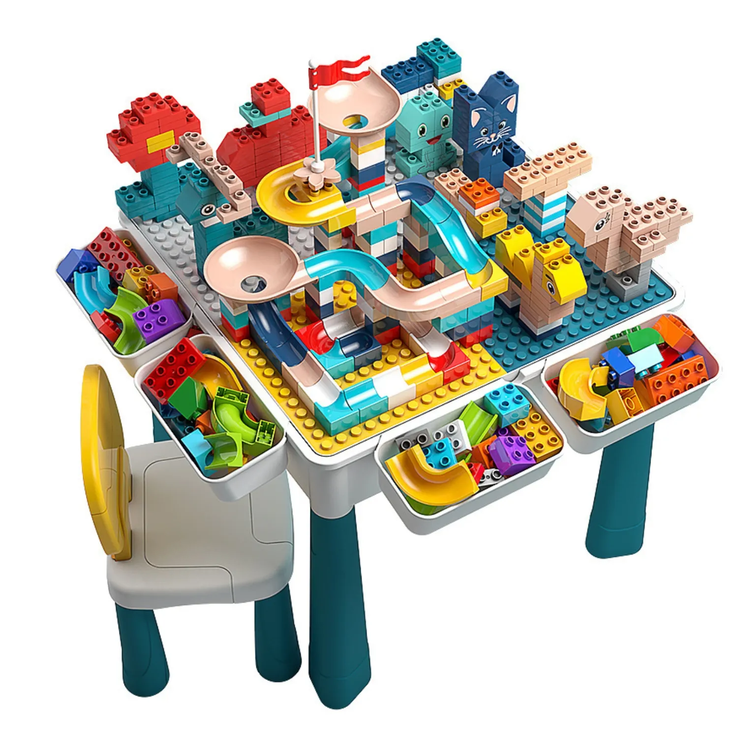 Mesa de juego con silla y 102 piezas de lego