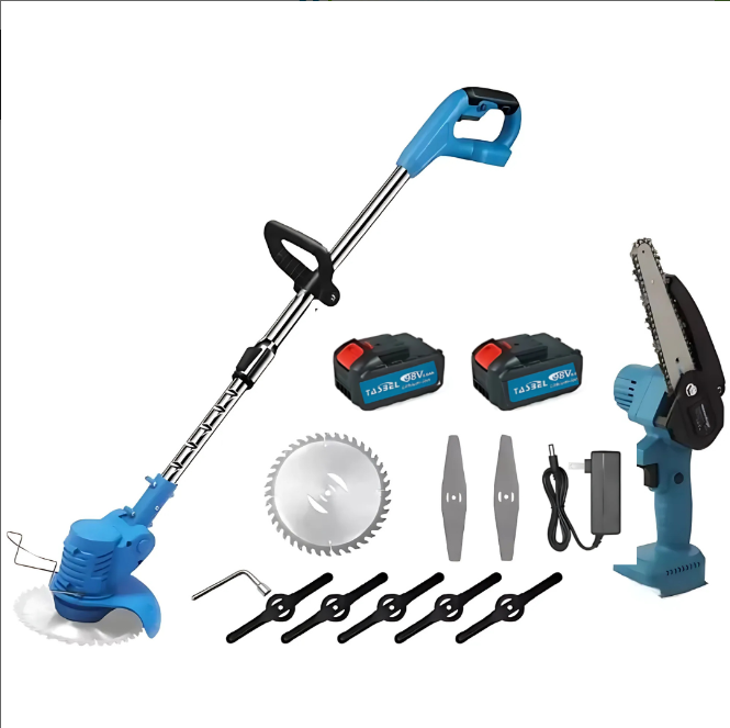 SET DE JARDIN 2 EN 1, ORILLADORA DESBROZADOR Y MINI MOTOSIERRA