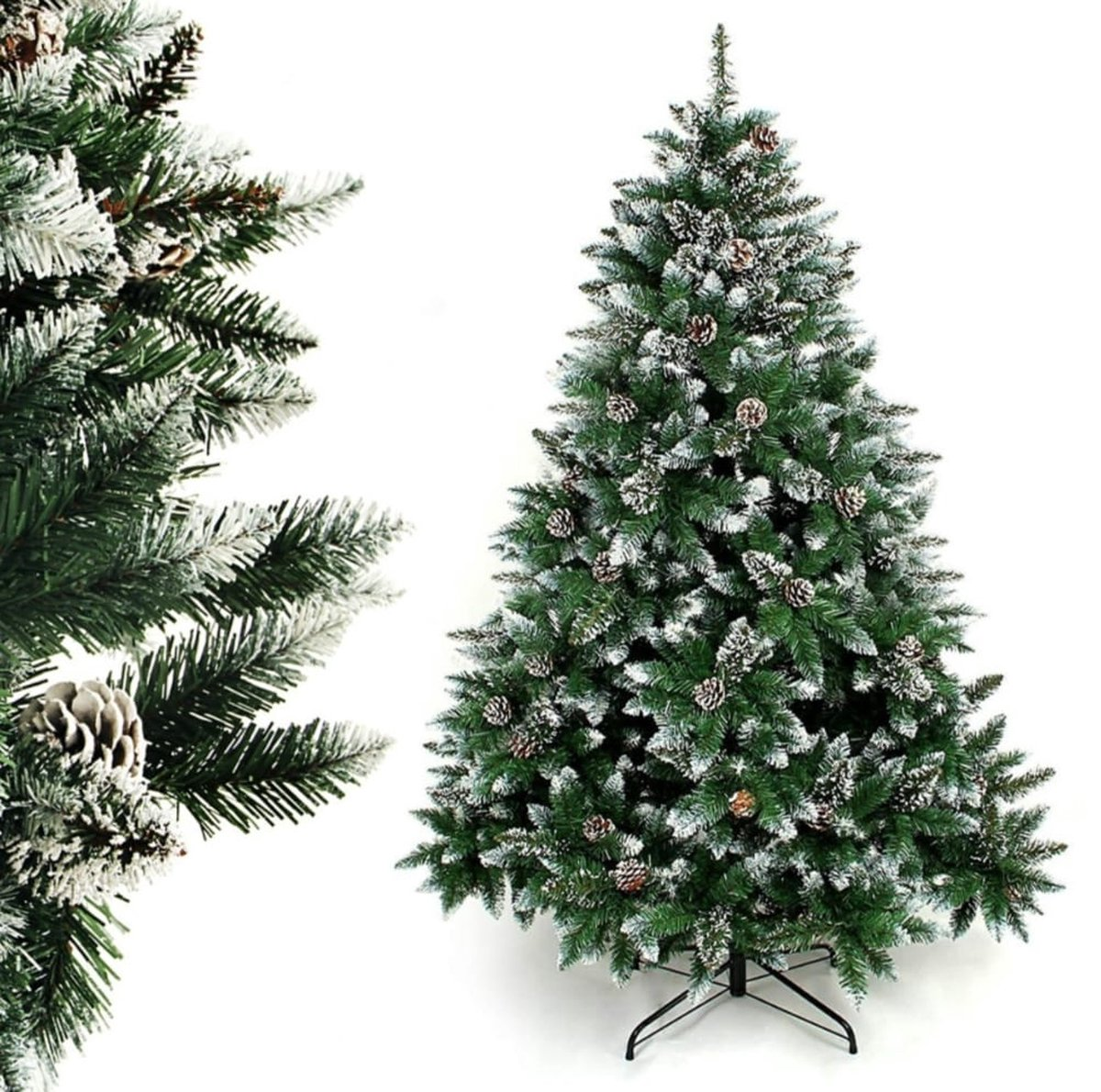 Árbol navideño nevado con esferas rojas y follaje realista