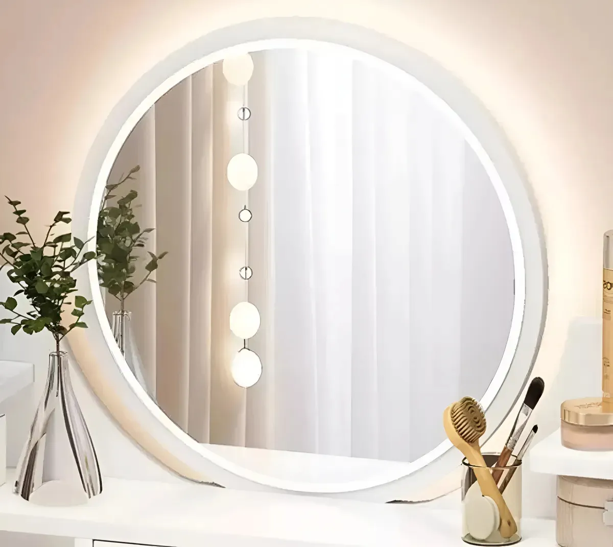 Tocador blanco con espejo redondo , taburete y 2 cajones