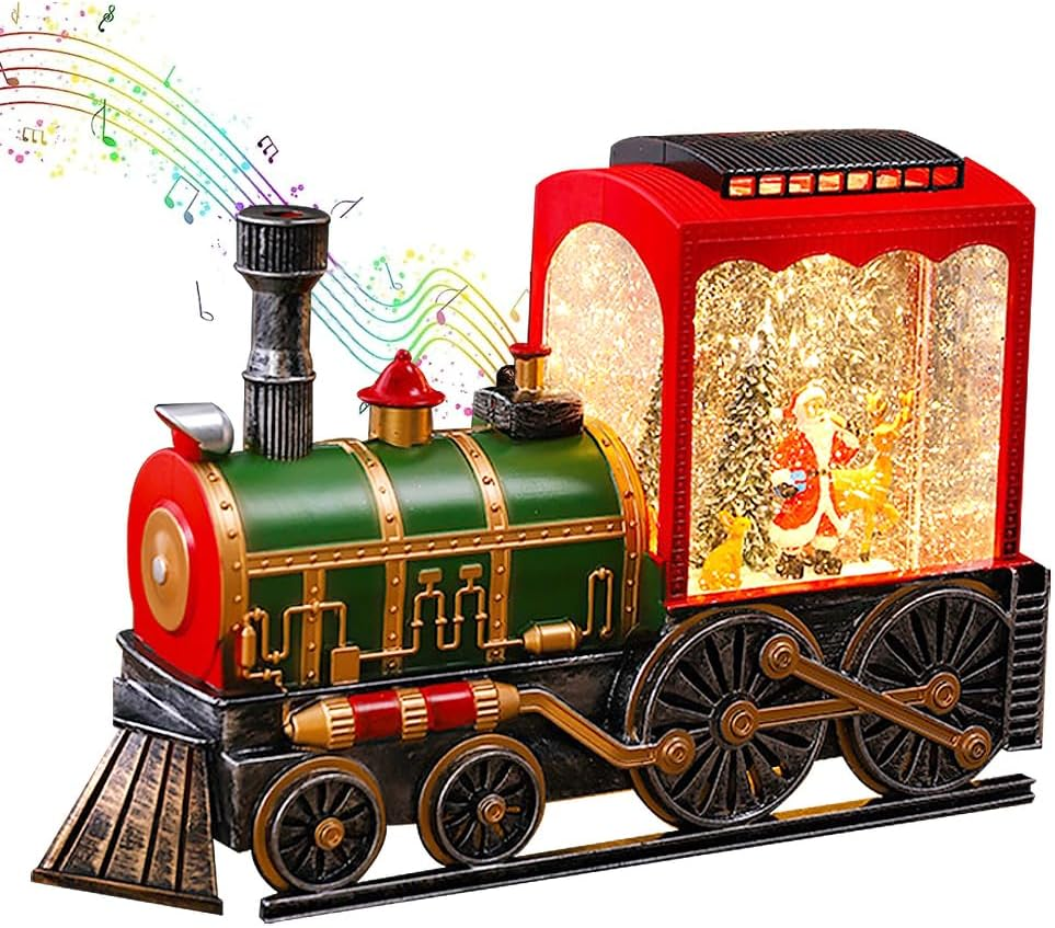 Tren navideño con luces, nieve y escena giratoria de santa claus