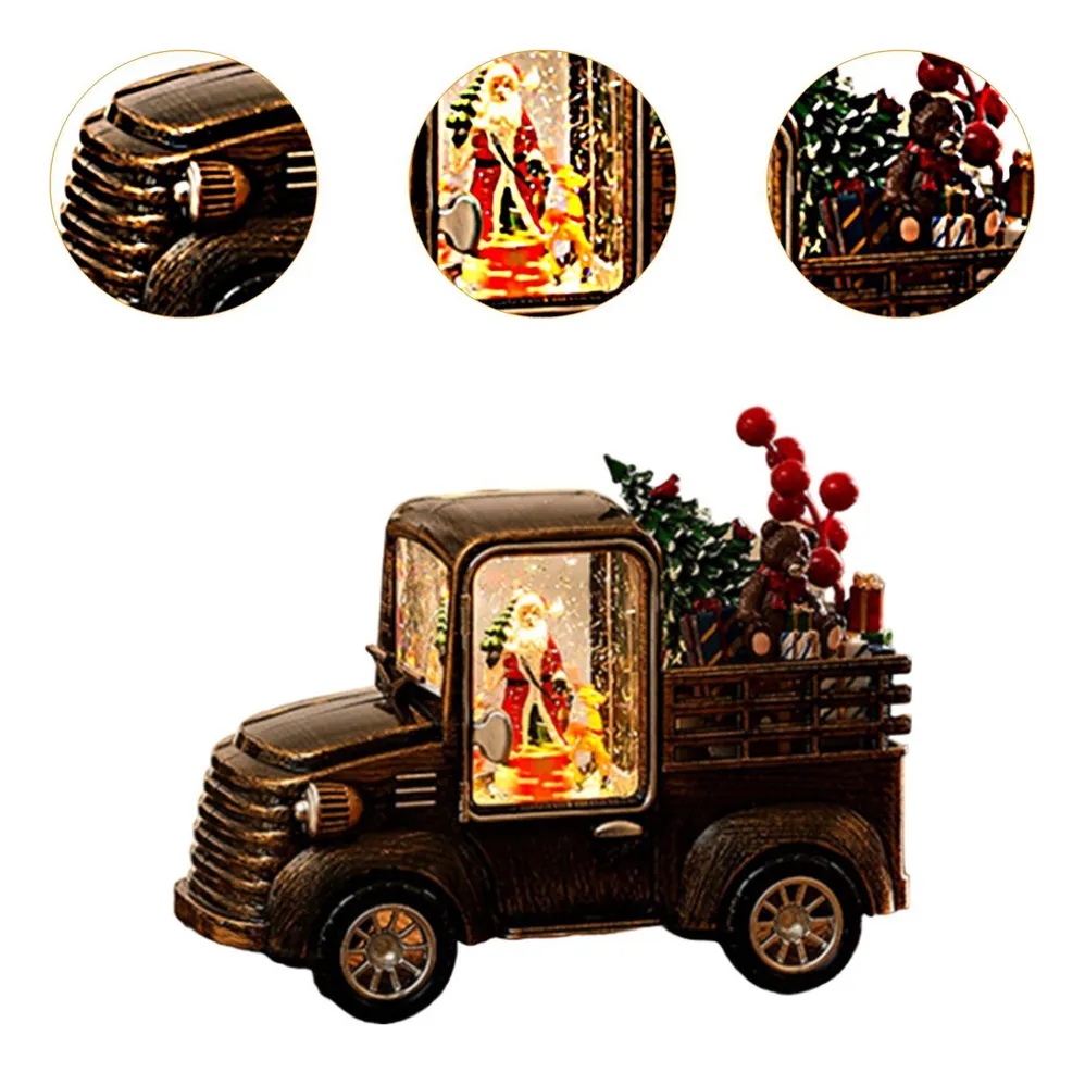 Camión navideño con luces, música y escena de santa claus