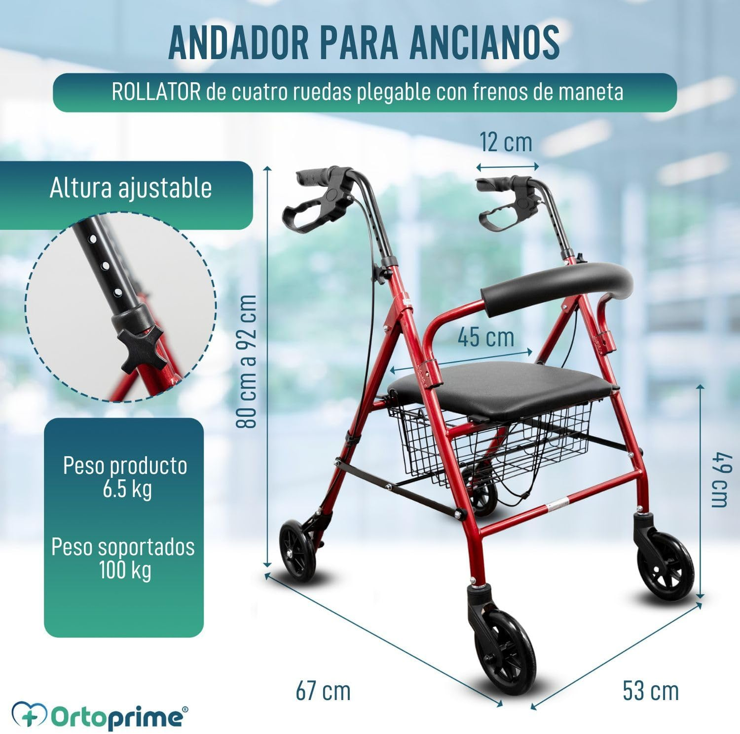 Andador con asiento frenos manuales y estructura plegable