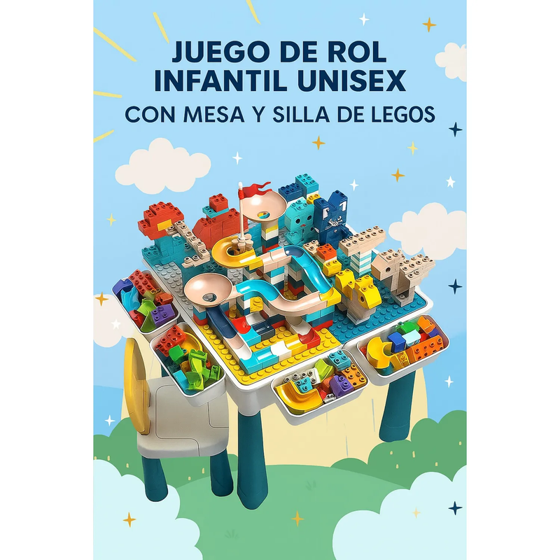 Mesa de juego con silla y 102 piezas  de lego