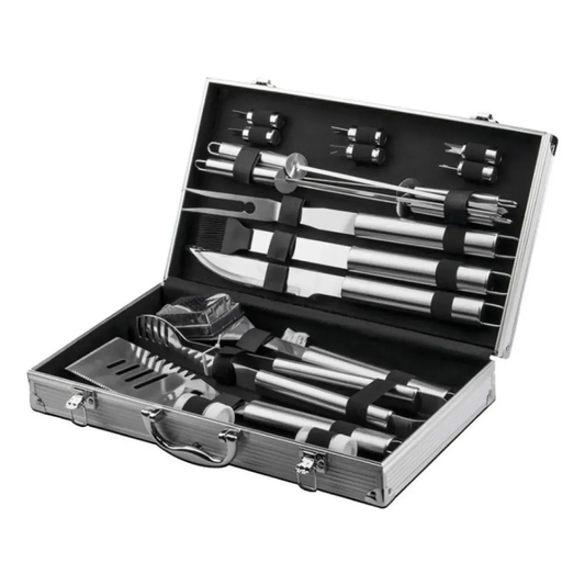 MALETA DE LUJO CON SET PARRILLERO DE 18 PIEZAS ACERO INOXIDABLE