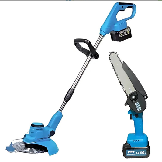 SET DE JARDIN 2 EN 1, ORILLADORA DESBROZADOR Y MINI MOTOSIERRA