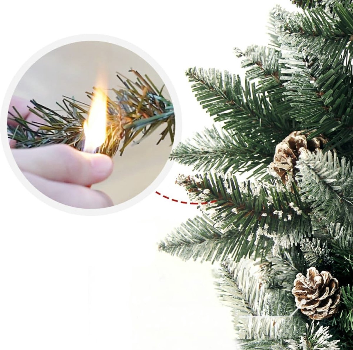 Árbol navideño nevado con esferas rojas y follaje realista