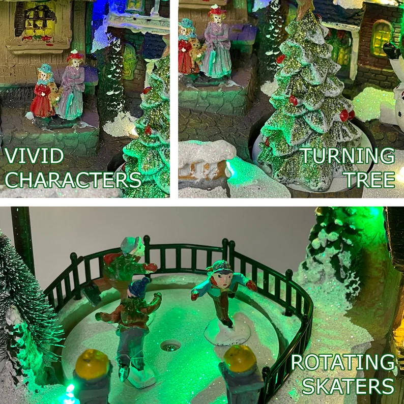 Villa navideña iluminada con nieve, figuras y casitas