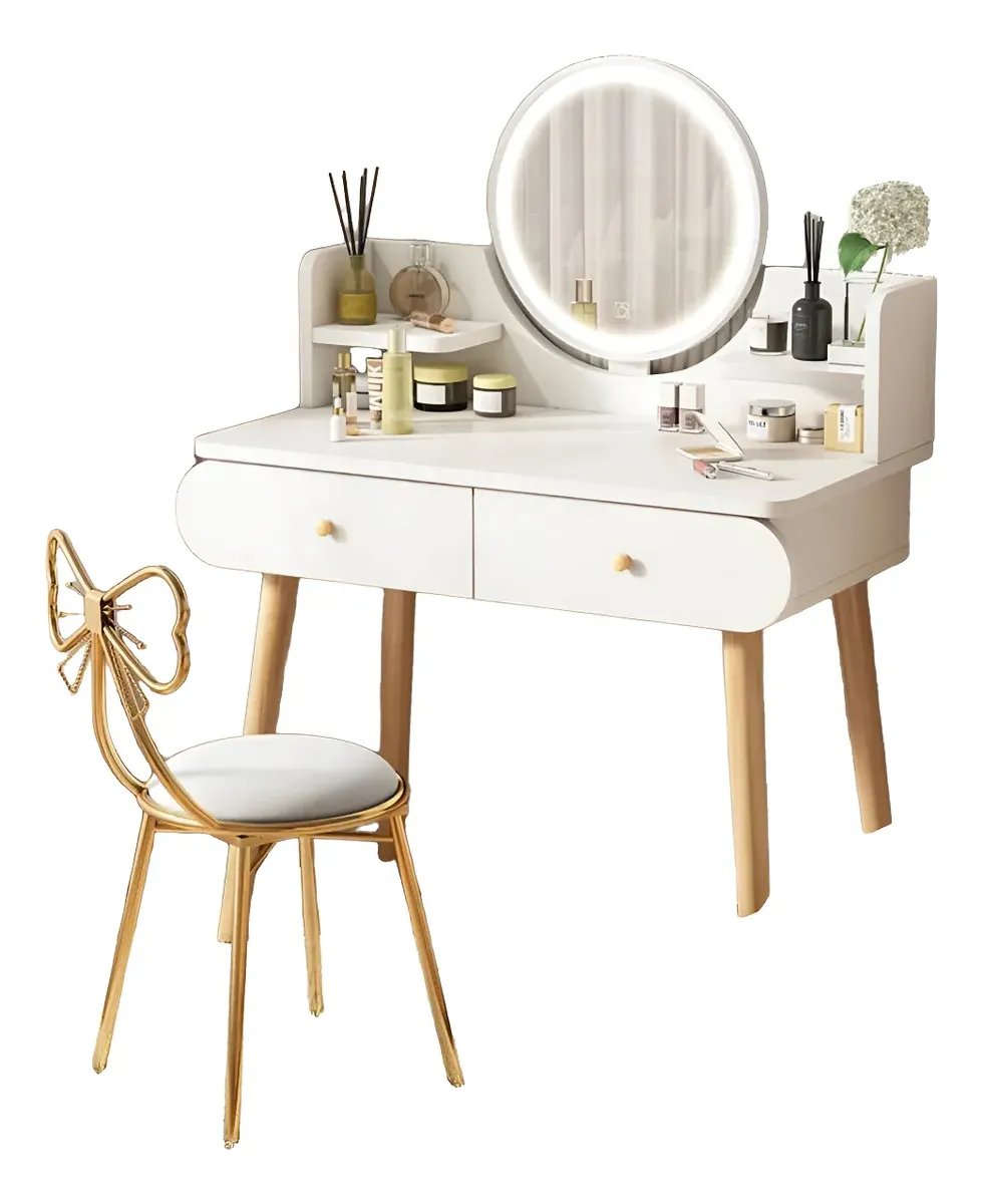 Tocador blanco con espejo redondo , taburete y 2 cajones