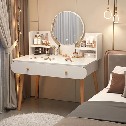 Tocador blanco con espejo redondo , taburete y 2 cajones