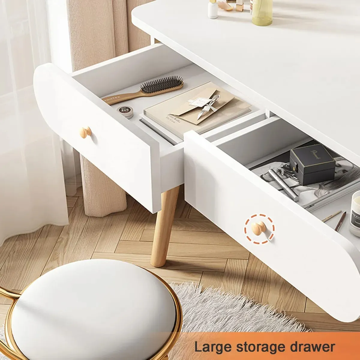 Tocador blanco con espejo redondo , taburete y 2 cajones