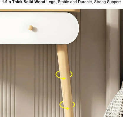 Tocador blanco con espejo redondo , taburete y 2 cajones