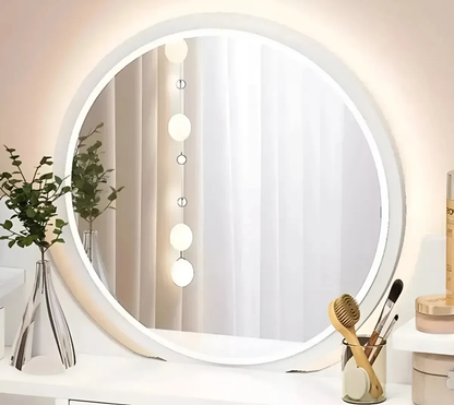 Tocador blanco con espejo redondo , taburete y 2 cajones