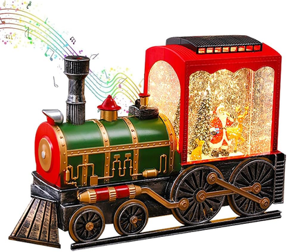 Tren navideño con luces, nieve y escena giratoria de santa claus