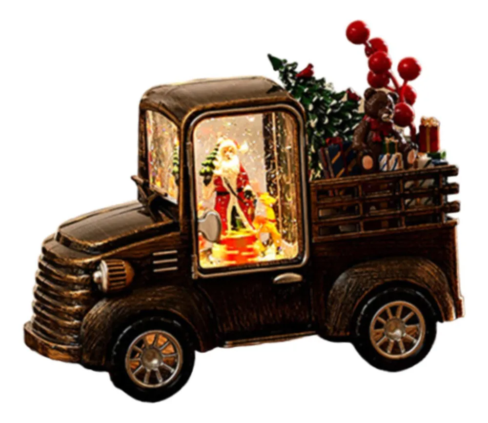 Camión navideño con luces, música y escena de santa claus