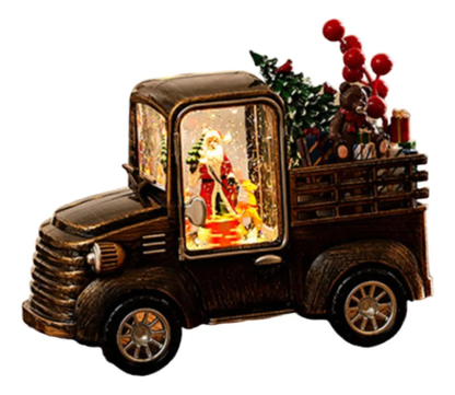Camión navideño con luces, música y escena de santa claus