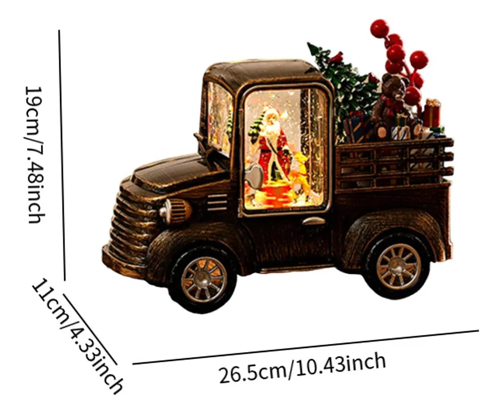Camión navideño con luces, música y escena de santa claus