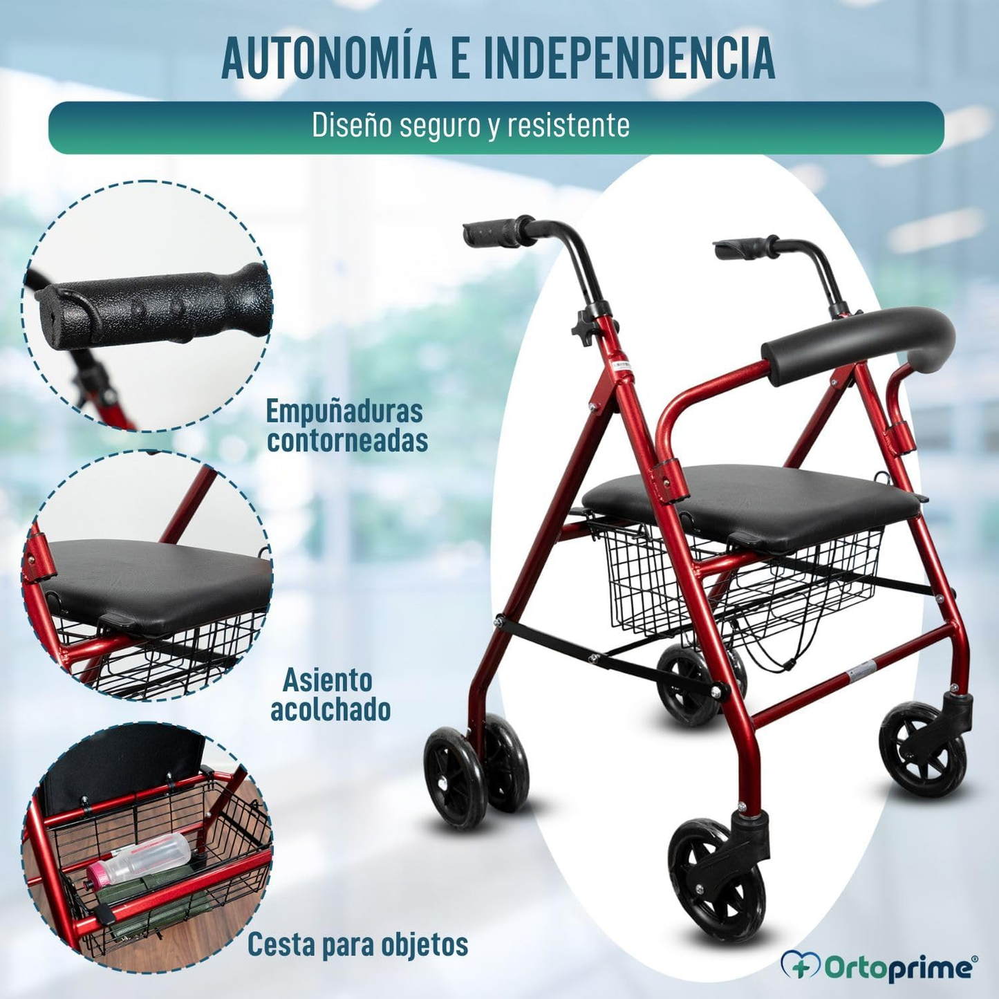 Andador con asiento frenos manuales y estructura plegable