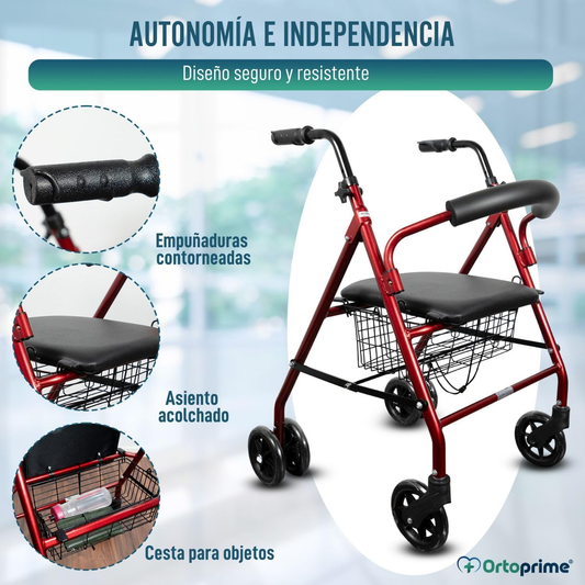 Andador con asiento frenos manuales y estructura plegable