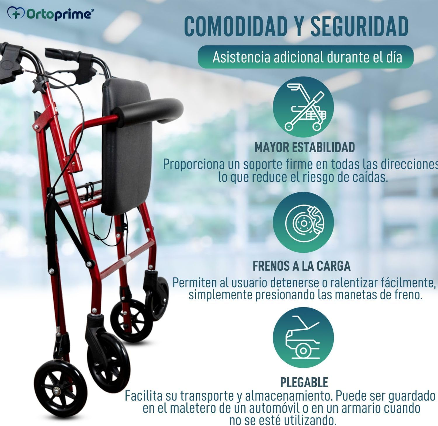 Andador con asiento frenos manuales y estructura plegable