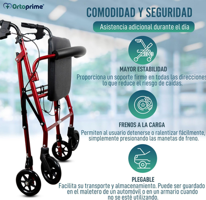Andador con asiento frenos manuales y estructura plegable
