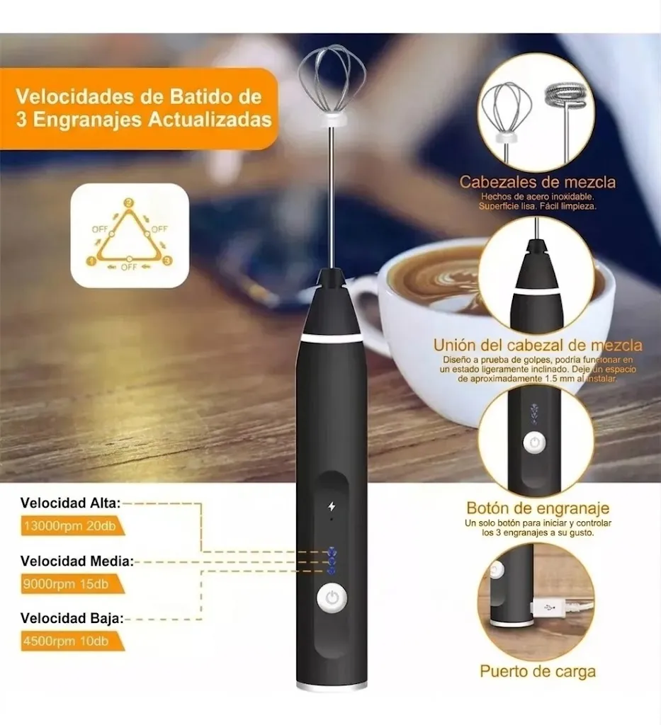 BATIDOR DE CAFE ELÉCTRICO RECARGABLE USB 3 VELOCIDADES