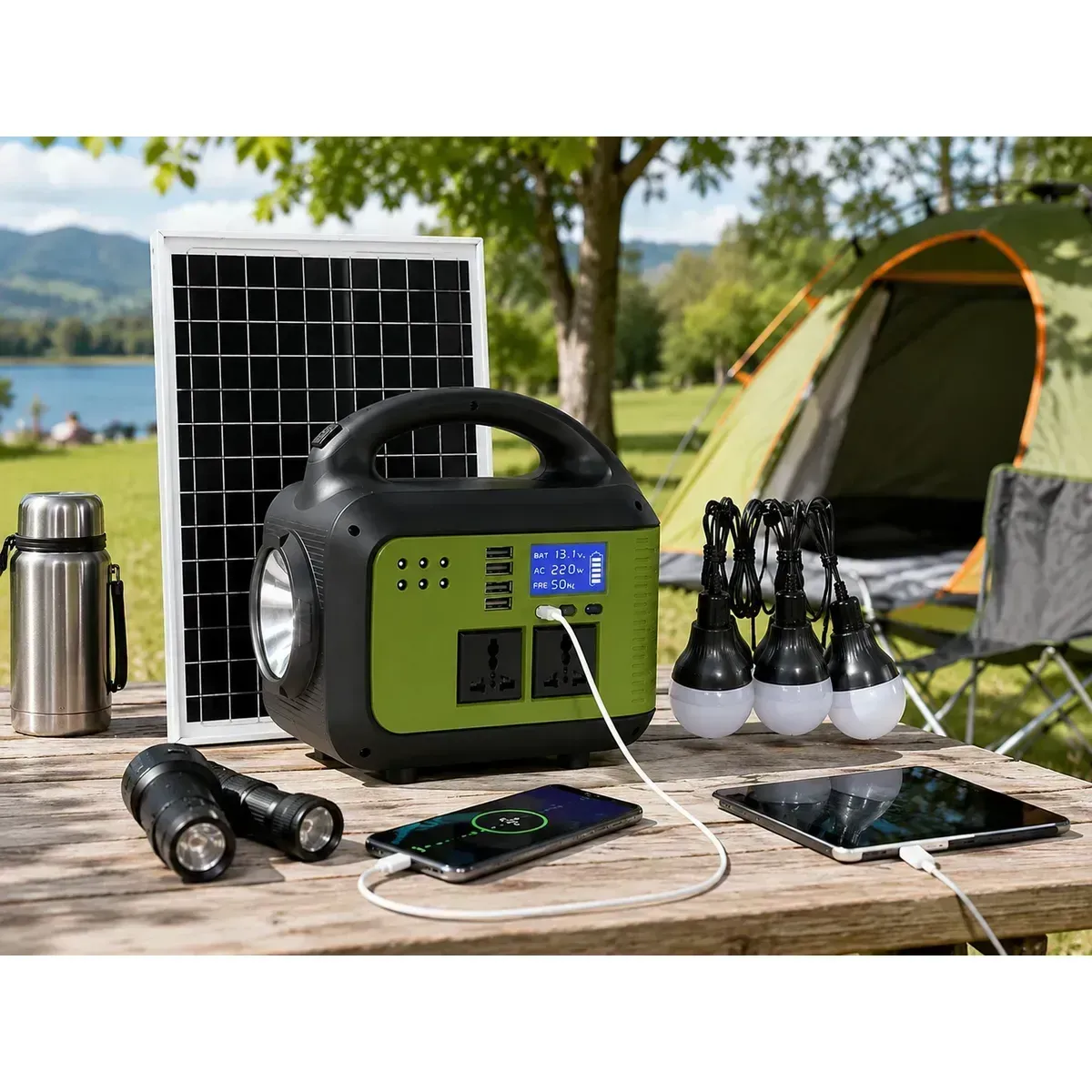 Kit Solar de Emergencia 150W con Panel Solar, 3 Ampolletas LED, 2 Tomas 220V, 5 USB, Bluetooth, Radi
