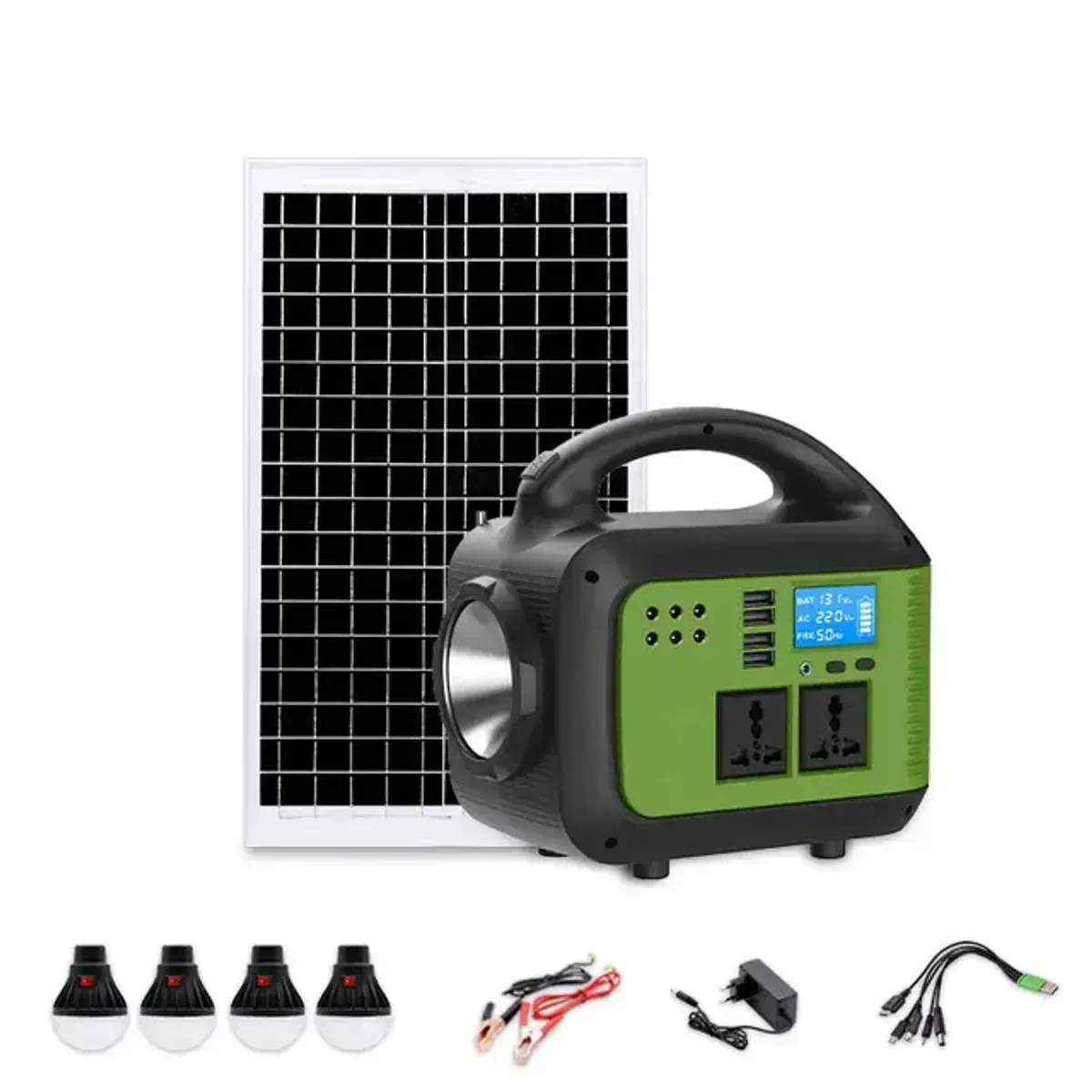 Kit Solar de Emergencia 150W con Panel Solar, 3 Ampolletas LED, 2 Tomas 220V, 5 USB, Bluetooth, Radi