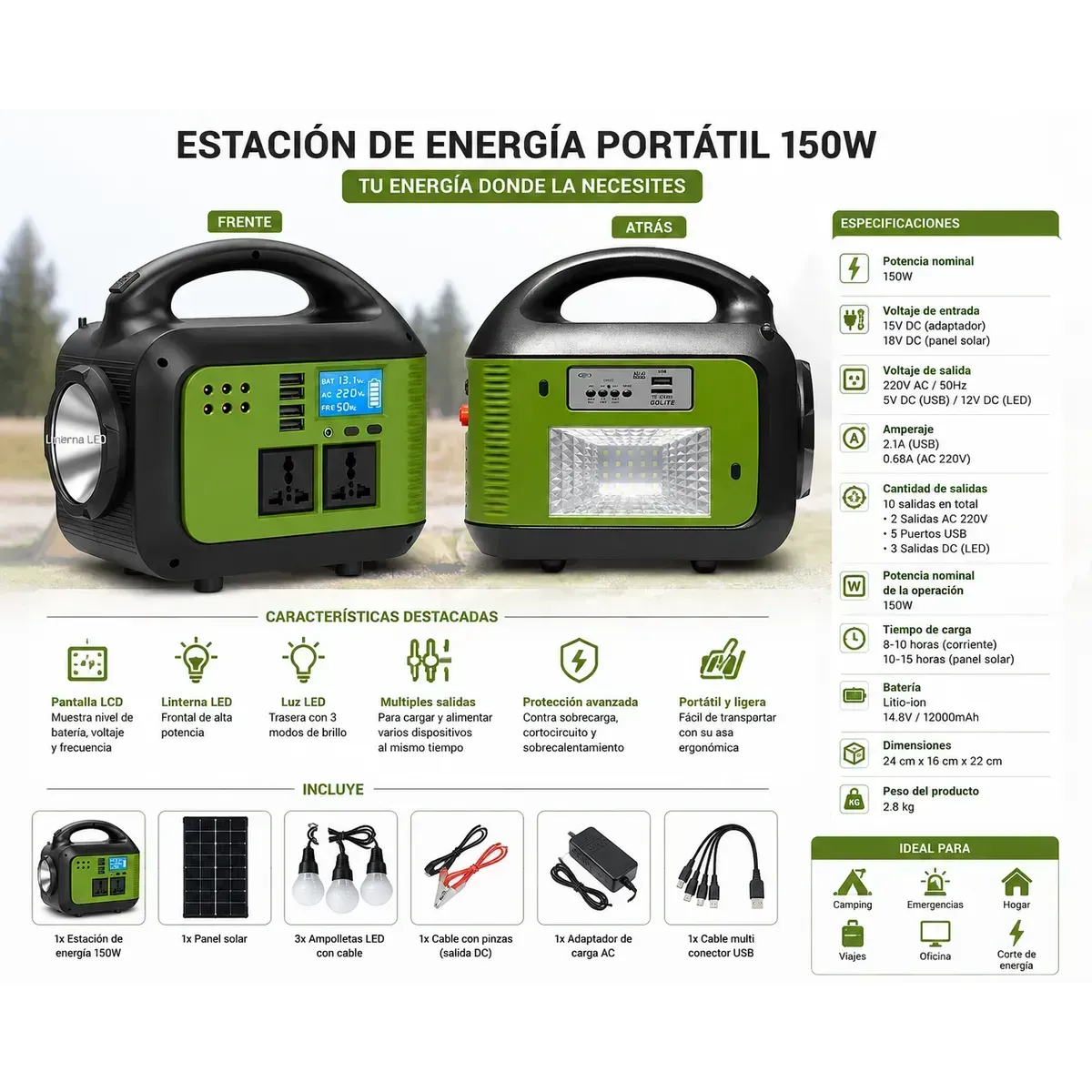 Kit Solar de Emergencia 150W con Panel Solar, 3 Ampolletas LED, 2 Tomas 220V, 5 USB, Bluetooth, Radi