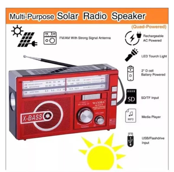 Radio Fm-Am, con cargador Solar, Bateria recargable de Emergencia