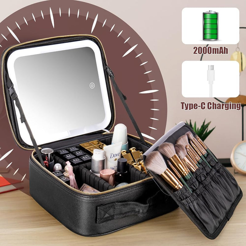 Estuche de Maquillaje Ajustable con Espejo y Luz LED